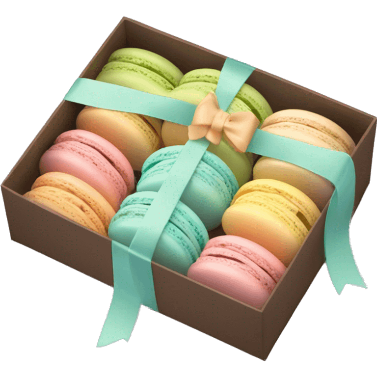 Realistic flat clear box of pastel macaron cookies with ribbon bow tied around the box. emoji