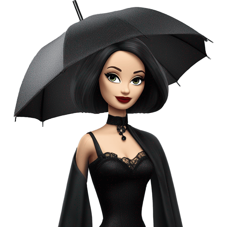 Stunning in the Spotlight Barbie, teen Morticia Addams,showing off, show full body,accessories  gloves funeral veil umbrella  emoji