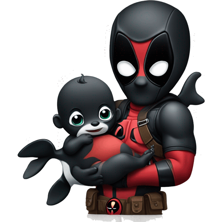 Deadpool holding a baby orca emoji