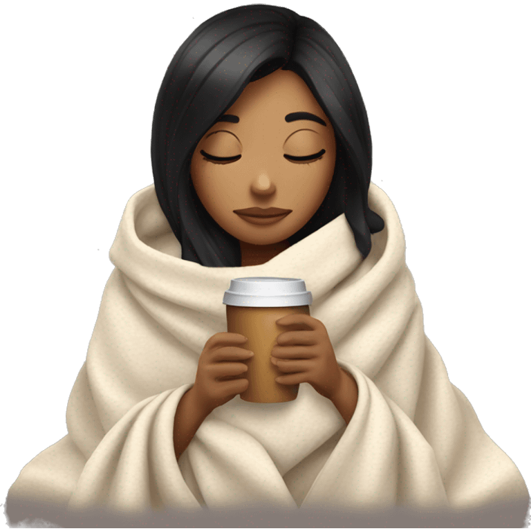 girl inside a blanket sipping coffee eyes closed black hair emoji