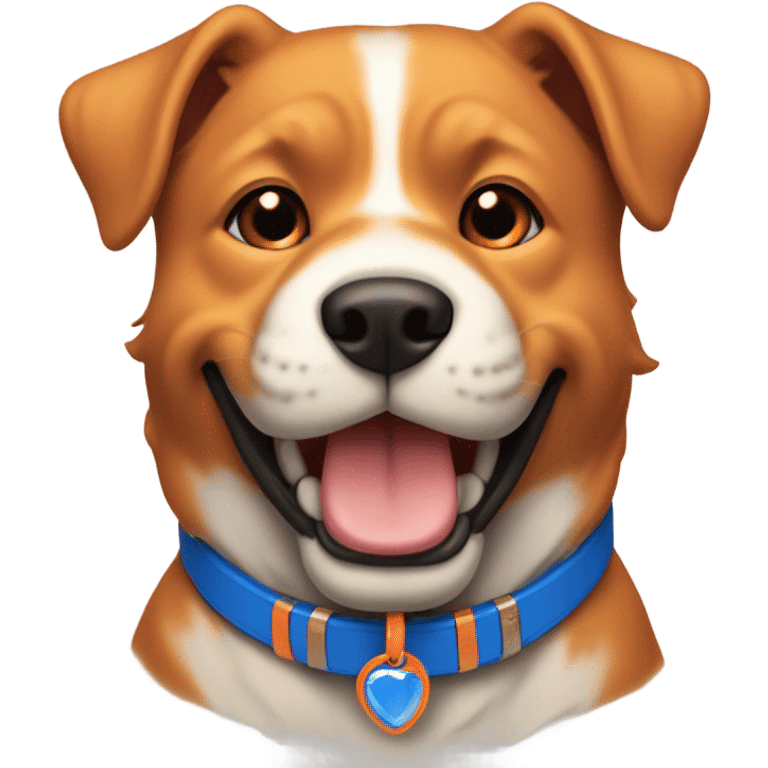 happy cute american stafford with simple blue collar with orange pendant from half side perspective emoji