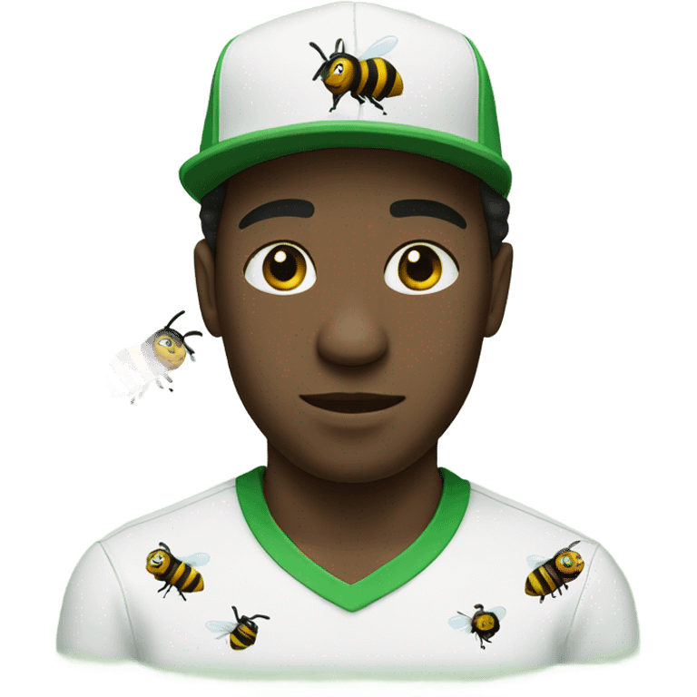 Black man with a white shirt and green cap with his face covered by a bee flying through emoji