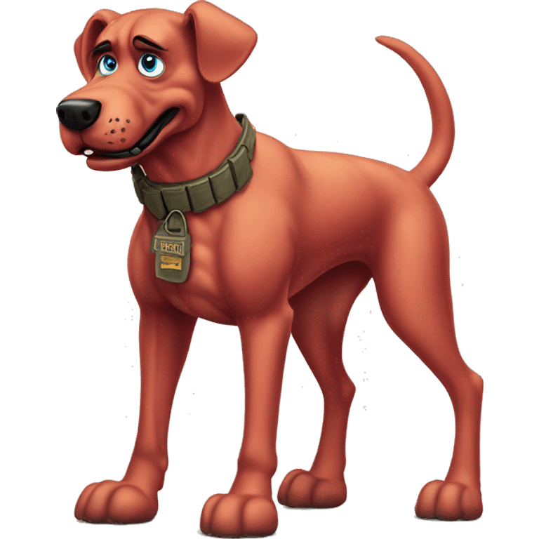 Desert storm hot tall blue eyes Clifford the big red dog muscled with tattoos on arms book illustration as a military call of duty character standing alone emoji