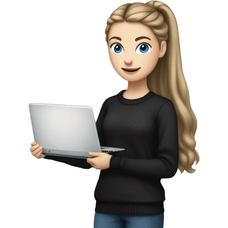 caucasian white girl student, holding laptop, blue eyes, dark brown hair ponytail wearing a thick black sweater emoji