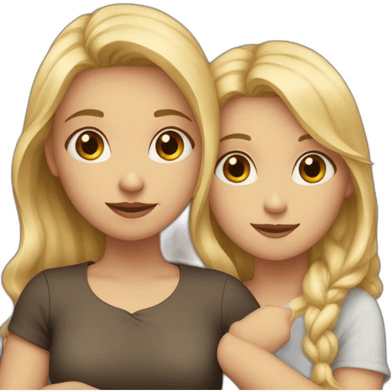 Two Girls are hugging each other. One girl has blond hair and Light eyes and the second girl has both dark hair and eyes emoji