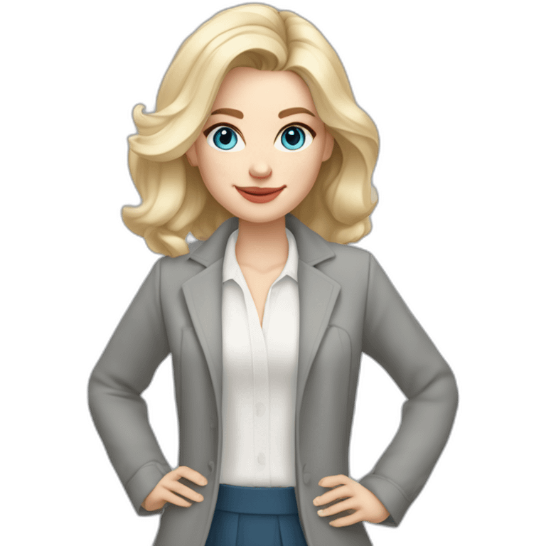 pale skin woman interior designer with cold blonde middle length hair, blue eyes, White blouse, Gray oversize jacket, Gray skirt holding a color palette in the hands emoji