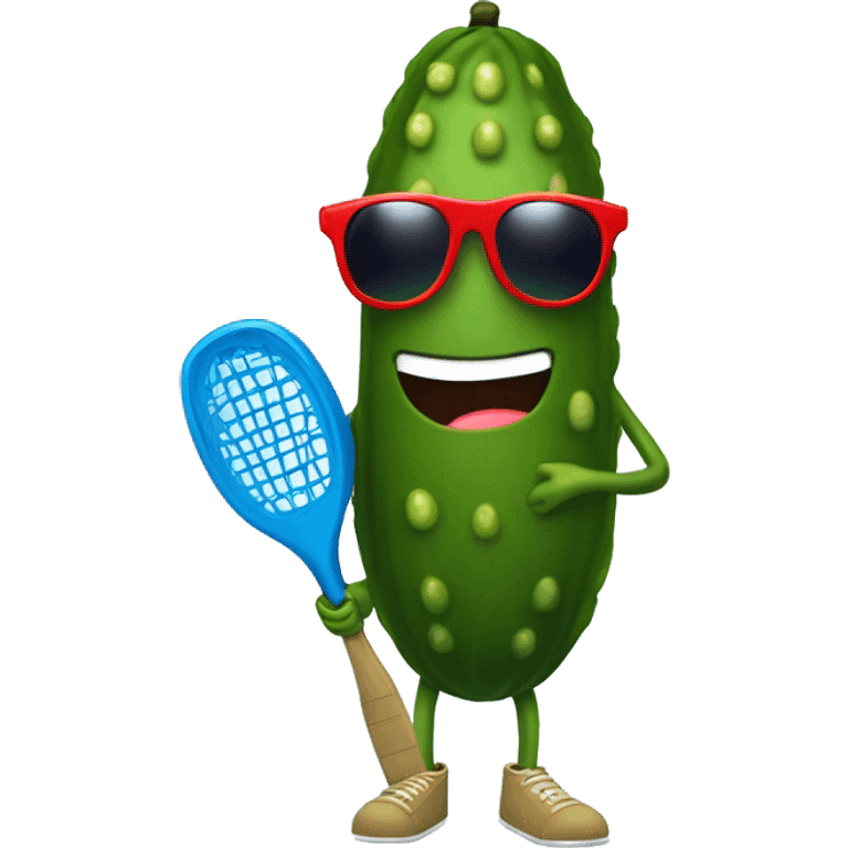 pickle with legs, holding a solid red paddle ball racket, blue backgound, wearing sunglasses emoji