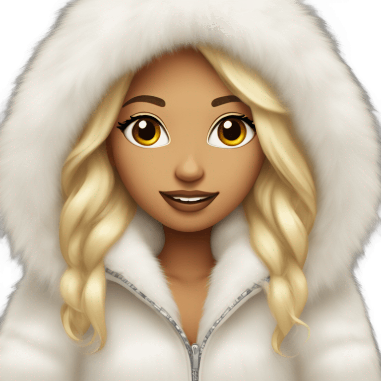 Tanned Girl with lashes , blonde hair, in an extremely big fluffy oversized white fur coat with hood on. The fur is real and it’s very obvious big and fluffy like in Pinterest  emoji