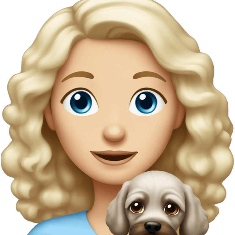 blue eyed old blonde lady with dark brown Cockapoo puppy dog emoji