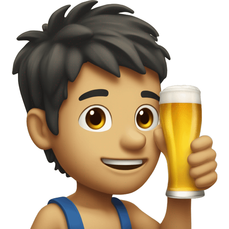 Boy with dark hair drinking an ice cold weizen beer on the beach of lloret de mar emoji