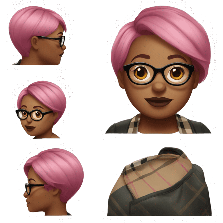 Plus size black woman with pink pixie cut hair and Burberry eyeglasses  emoji