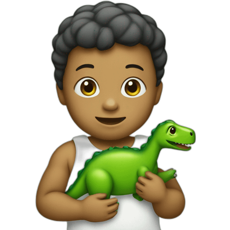 A baby holding a green dinosaur toy emoji