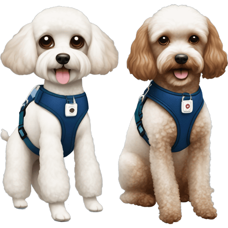 Brown toy poodle with teddy bear haircut wearing dark blue harness and all white Maltese wearing dark green harness emoji