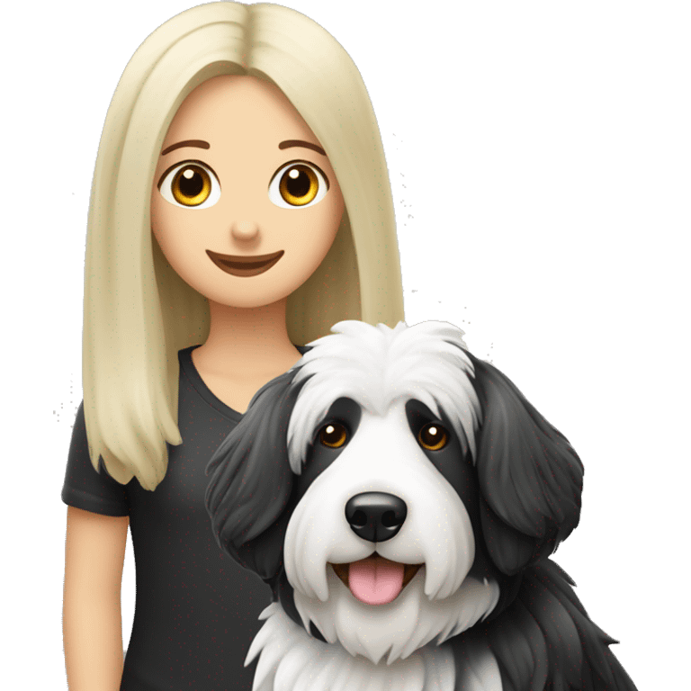 Old english black and white sheep dog with blonde girl emoji