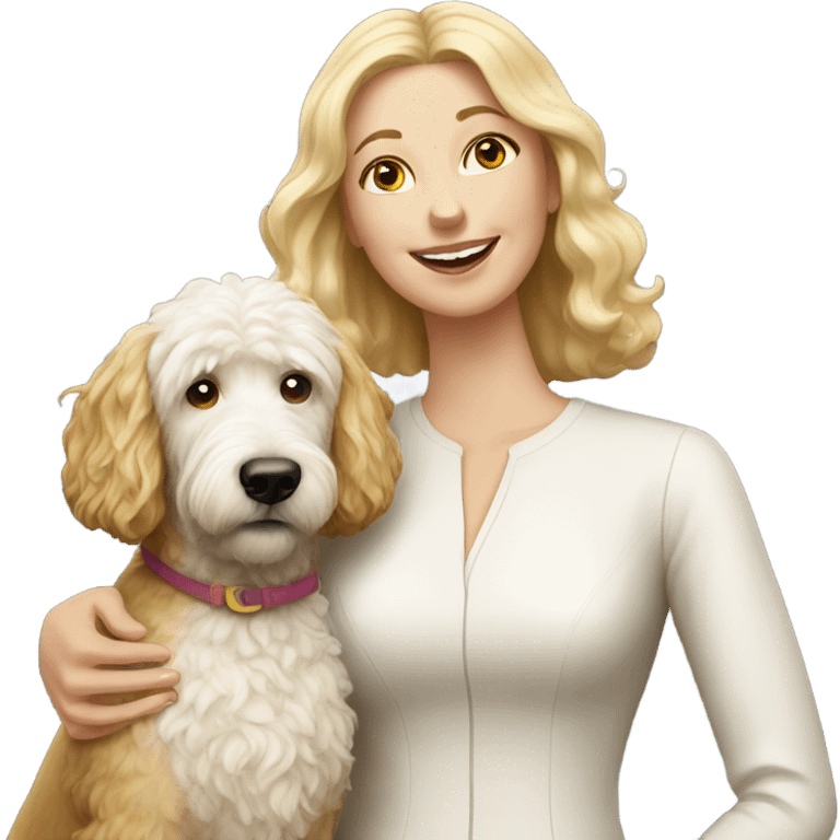 White lady and her golden doodle dog emoji