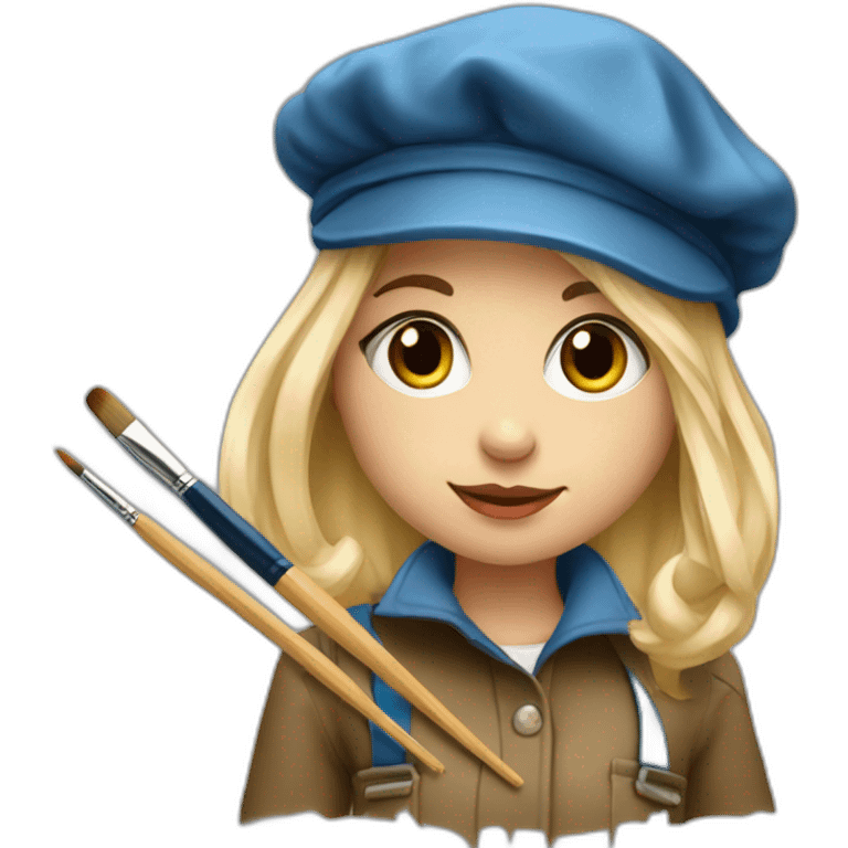 blondie girl painter in a beret with brushes and paints emoji