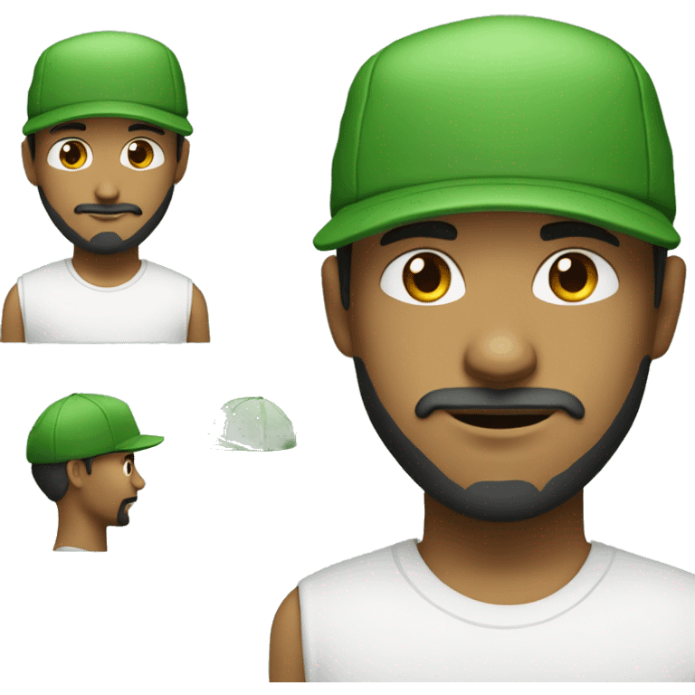 Create a young mixed-race man with a beard and moustache wearing an all-green cap and a white T-shirt emoji