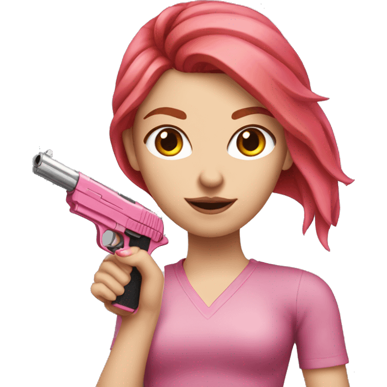 White Girl with red hair and hand pink nails holding pink gun emoji