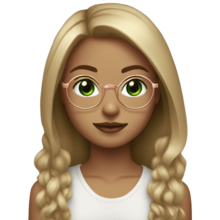 A girl with green eyes, dark blonde Long Hair, round Rosegold glasses  emoji