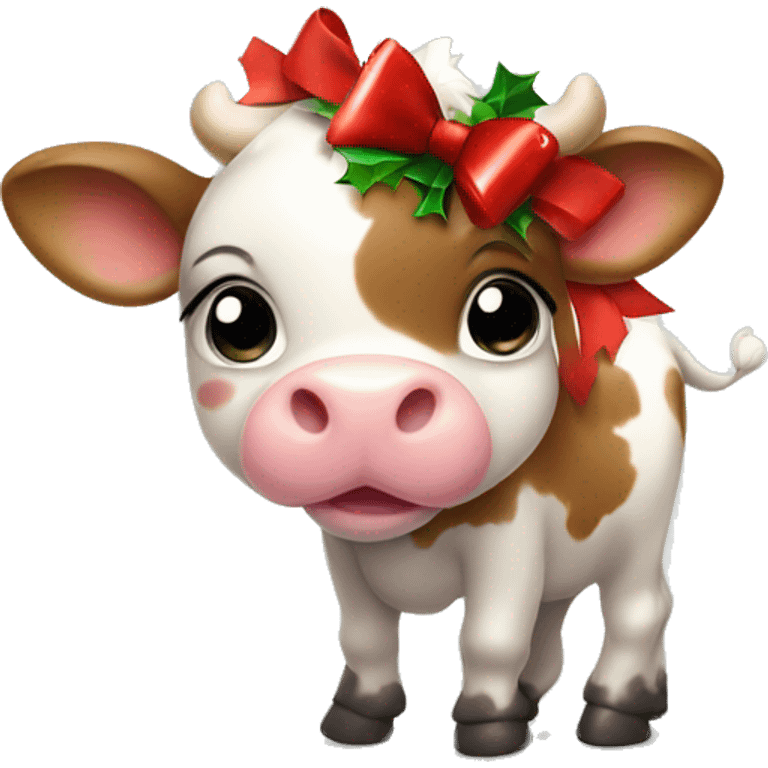 cute baby cow bith a christmas bow emoji