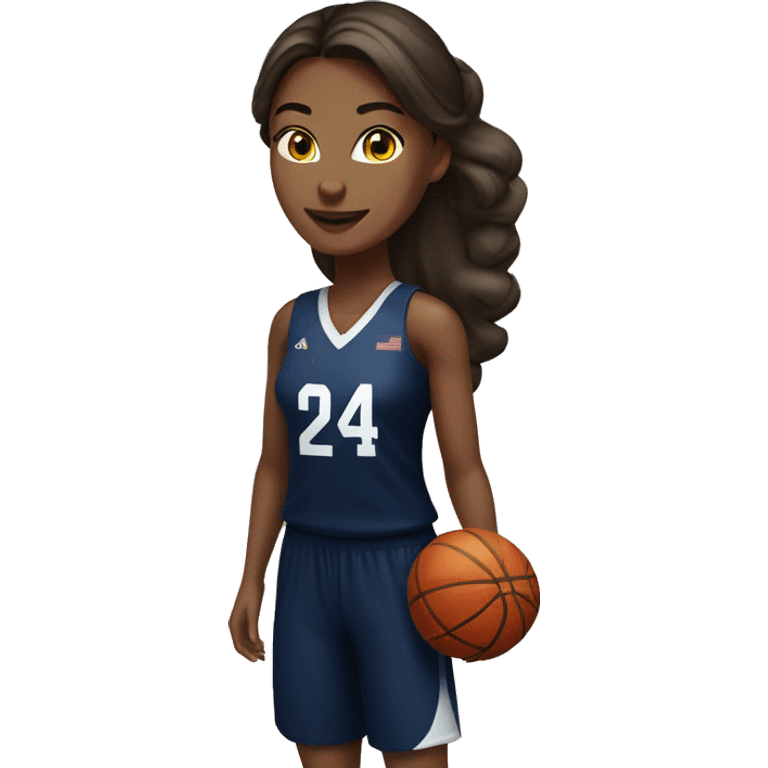 Basketball brunette female player wearing navy blue jersey that has the number 24 & holding a basketball emoji