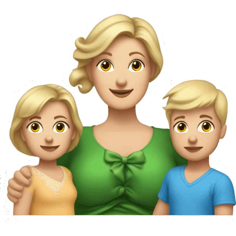 Brunette Caucasian plus sized mom, holding young blond 8 year old boy and 18 month old blonde baby girl baby has a bow in her hair emoji