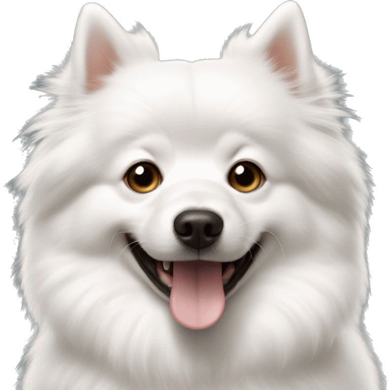 white spitz dog, with brown circles under the eyes and protruding tongue emoji