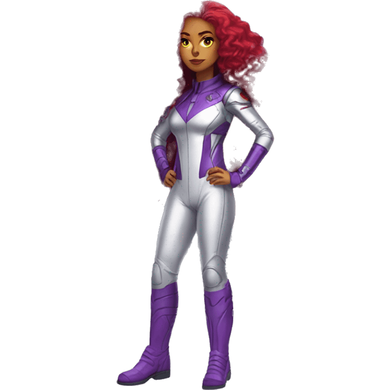 dc comics starfire burning red curly long  hair, purple and silver spacesuit with no helmet   emoji