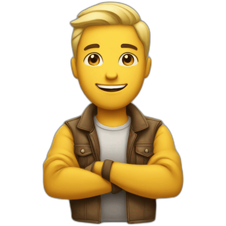 Proud, yellow skin tone emoji, man with his arms crossed, smile on his face, and a swag emoji