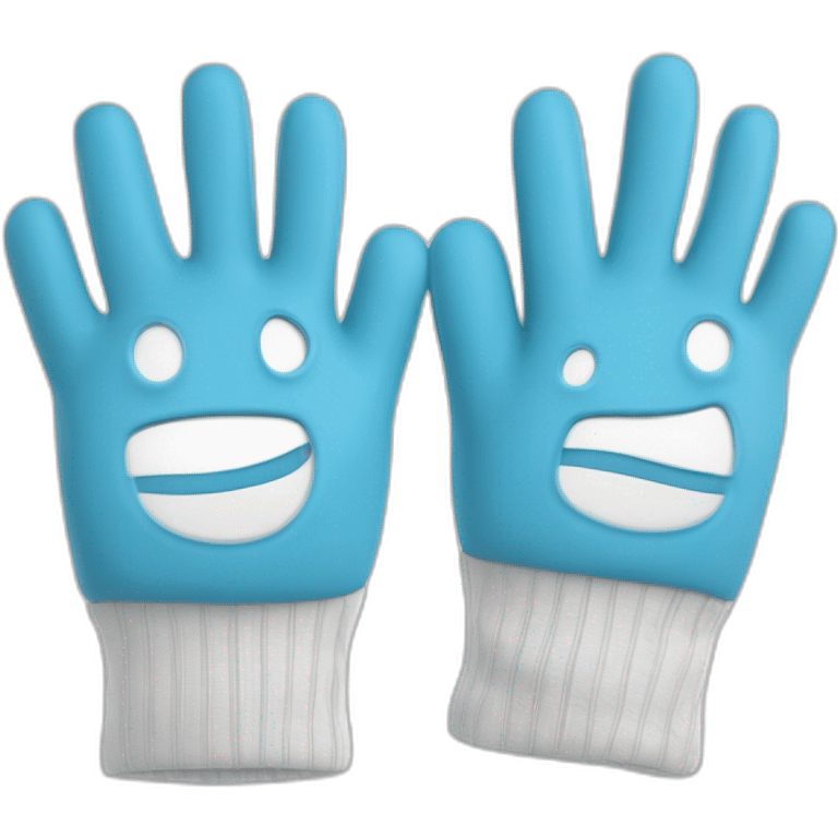 Deux gants blancs souriants, il y a dessiné une dessin mystérieux maçonnique bleu de deux équerres inversées.  emoji