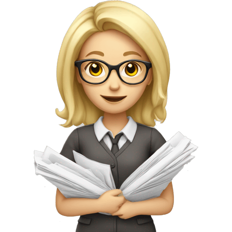 Blond girl with glasses and with a lot of important documents in a hand emoji