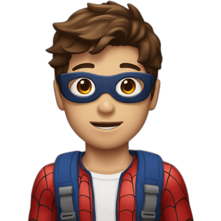 A boy with brown hair wearing a spider-man mask emoji