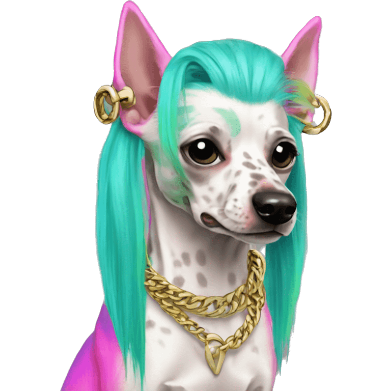 Punk tropical Chinese crested dog neon rainbow cyan green pink hair gold chain punk piercings tattoos punk ear piercings emoji