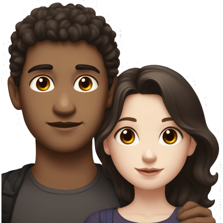 A dark brown haired girl with hazel eyes and pale skin and a poofy super dark-haired boy with brown eyes and pale skin cuddling emoji