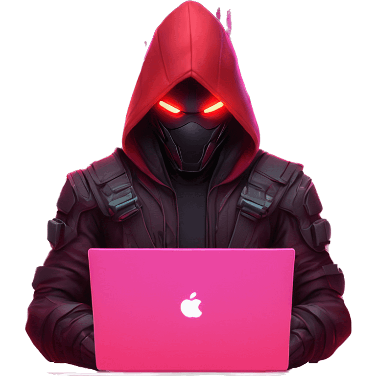 developer behind his laptop with this style : crysis Cyberpunk Valorant neon glowing bright red character dark red black hooded assassin themed character emoji