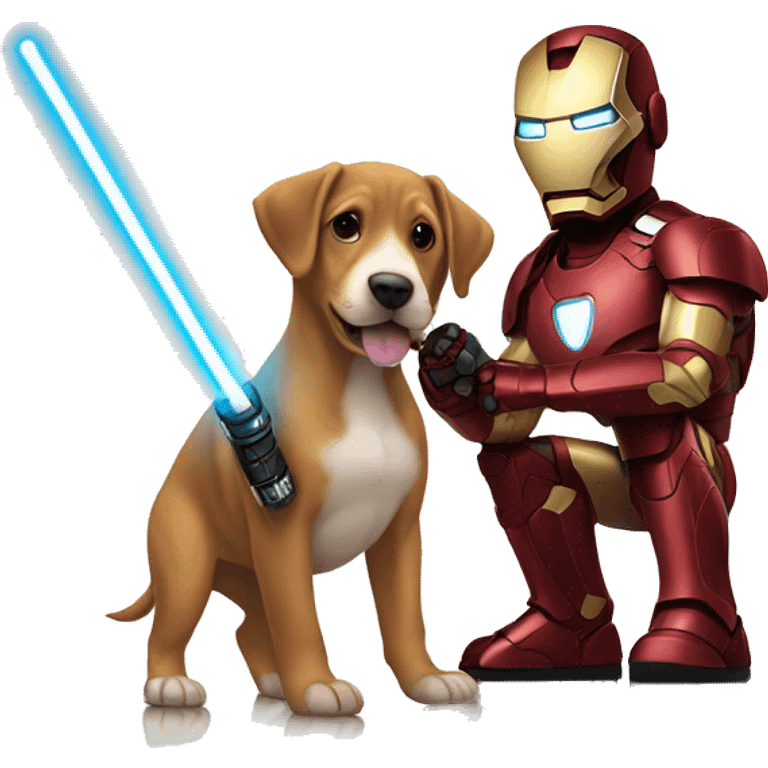 Ironman holding a puppy and a light saber emoji