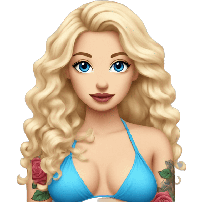 blonde woman. pink rose bikini. wavy long hair. tattoos. blue eyes, rose lips emoji