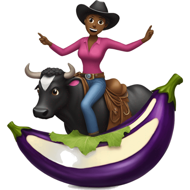 Woman bull riding a eggplant emoji