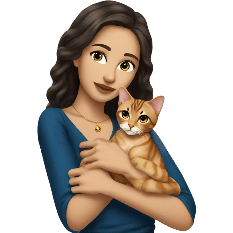 Beautiful skinny woman long dark brown hair in dark dress with gold earrings and blond blue eyes man  hair hug bengal cat emoji