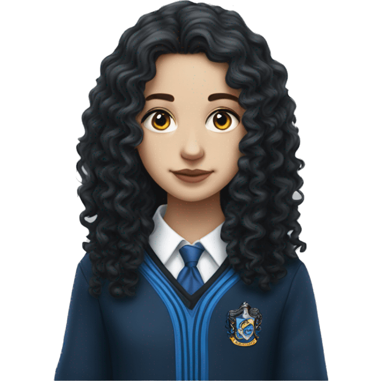 Hyper realistic White girl with long black curly hair wearing a ravenclaw school inform emoji