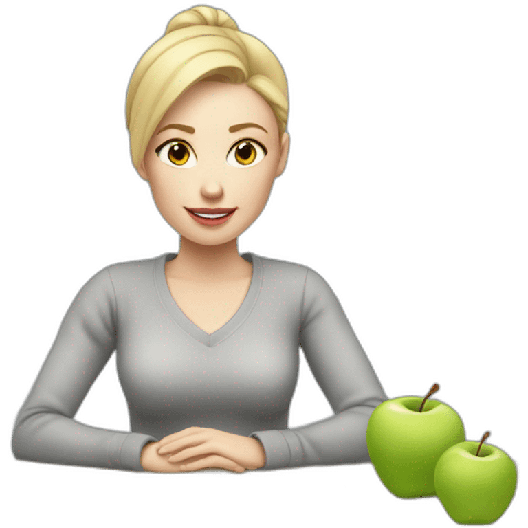 Woman with pale skin, short blonde ponytail and gray sweater sitting at table with Apple laptop emoji