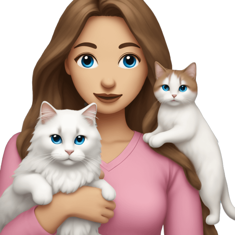 woman with long brown hair and pink shirt and holding a all white Siberian cat with blue eyes emoji