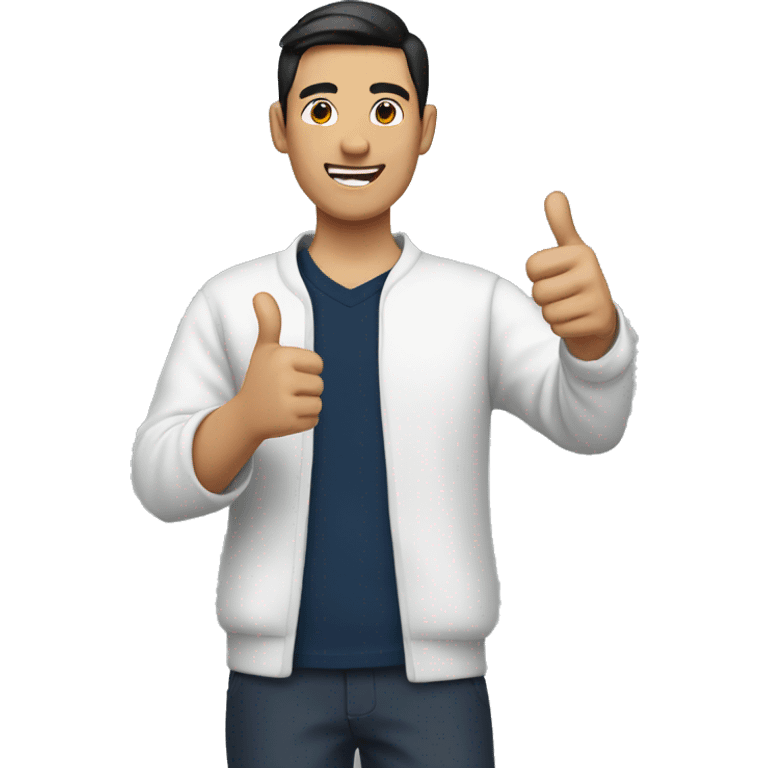 oriental man showing thumbs up, who is wearing navy cardigan and white t-shirt emoji