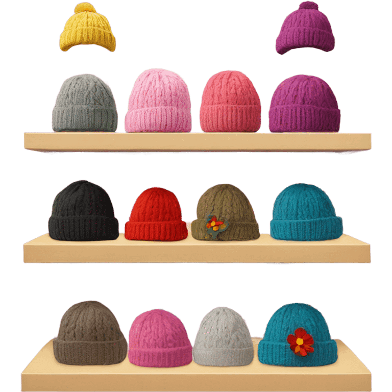 Shelf with knitted hats on mannequins and a flower emoji