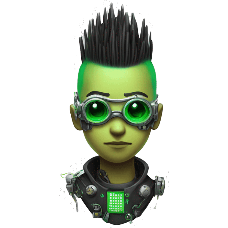 Mohawk hair with neon green highlights Asian male cyborg head with neon silver steampunk goggles and circuits emoji