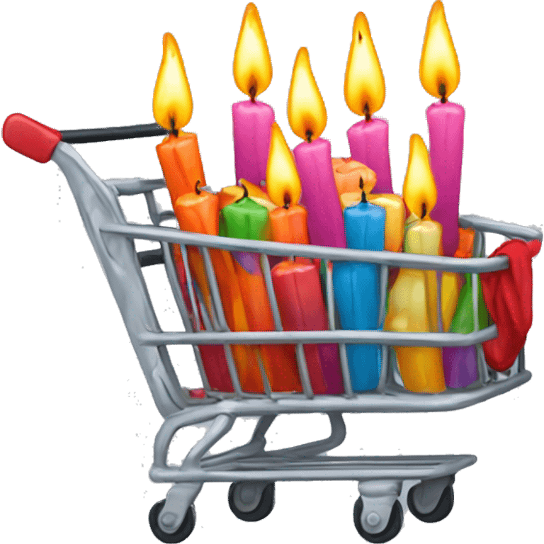 Sad abandoned shopping cart with candles tshirts, decorations emoji