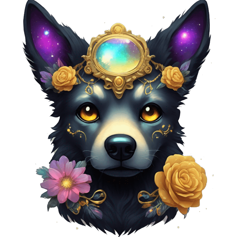 Black iridescent fluffy dog fox head zombie skull skeleton gold mechanical nebula galaxy stars colorful flowers fairy lights vintage emoji