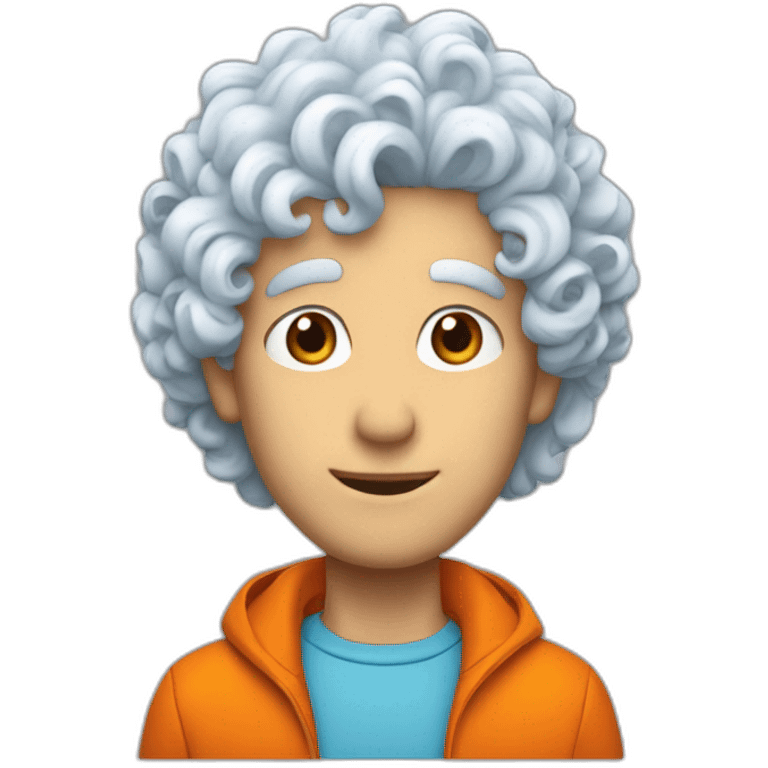 light blue skined curly white hair man with orange jacket emoji