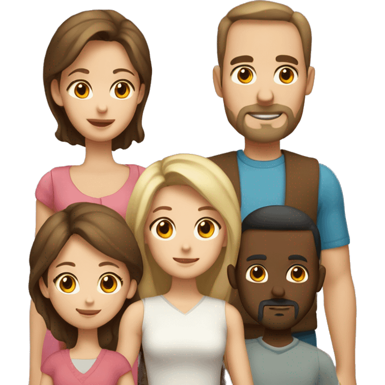 Family, brown haired mother, dad with dark receding hair, blonde daughter, brunette older brother with short beard and older sister with light brown hair emoji