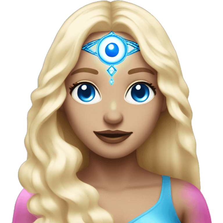 magical diva with thin pink andromedan face long blonde hair and blue eyes glowing third eye emoji